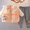 A stylish three-piece set for a baby girl in the autumn and winter of 2021, featuring a thin cotton vest, cotton sweatshirt and sweatpants details Picture